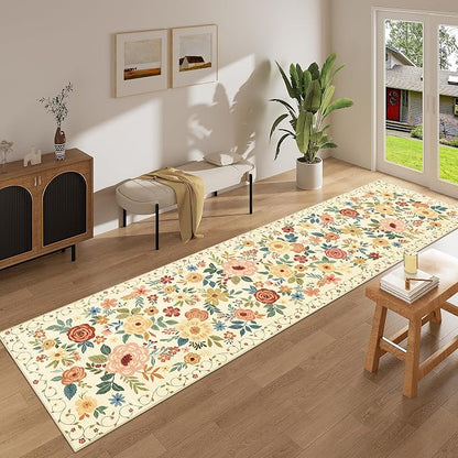 DUKINO Runner Rug for Hallway, 2.6x10 Washable Floral Long Kitchen Rug with Non Slip Backing, Lightweight & Stain Resistant Runners for Indoor Entrance, Laundry, Living Room, Bedroom, Beige Yellow