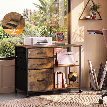 DEVAISE 3 Drawer Mobile File Cabinet, Rolling Printer Stand with Open Storage Shelf, Fabric Lateral Filing Cabinet fits A4 or Letter Size for Home Office, Rustic Brown Wood Grain Print