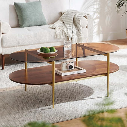 LumFurn X-Large Oval Glass Coffee Table, Mid-Century Modern Design, L47 x W24 x H17 inch, for Living Room, Amber Glass Top and Walnut Finish Wood Shelf, Conical Legs with Gold Finish Frame