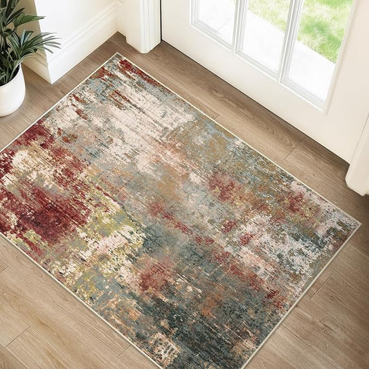 RELEANY Washable Area Rugs 2'x3' Non-Slip Modern Abstract Soft for Living Room Entryway Bedroom Kitchen, Print Pattern, Brown Rust Red Green Blue Multi