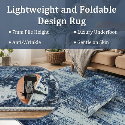 6x9 Area Rug Living Room Rugs - Washable Rug Large Modern Abstract Soft Thin Carpets Indoor Floor No Slip Vintage Carpet for Bedroom Under Dining Table Nursery Home Office Decor Deep Blue