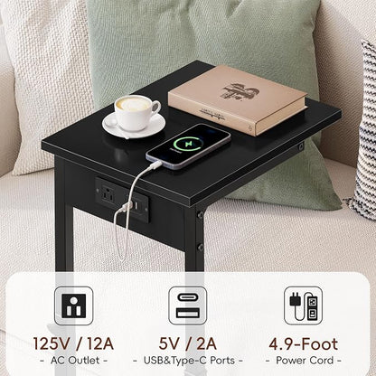 Vagusicc C Shaped End Table with Charging Station, 33"Tall C-Table End Table Adjustable Height Side Table for Couch, Couch Table That Slide Under Sofa Table TV Tray Table for Living Room,Bedroom,Black