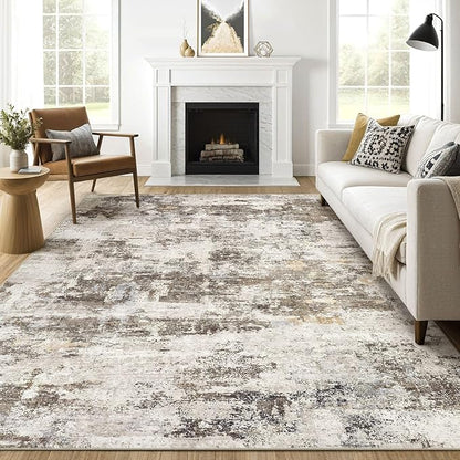 9x12 Area Rug Living Room: Washable Large Abstract Neutral Modern Soft Rugs Stain Resistant Indoor Floor Non-Slip Accent Carpet for Bedroom Nursery Playroom Dining Room Office Dorm Home- Brown Yellow