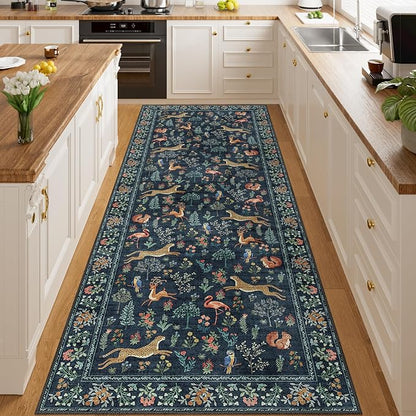 DUKINO 3x8 Washable Runner Rug, Low Pile Animal Print Non Slip Long Runner Rug for Kitchen, Lightweight & Non Shedding Indoor Carpet for Hallway, Kitchen, Entryway, Bathroom, Laundry, Navy Blue