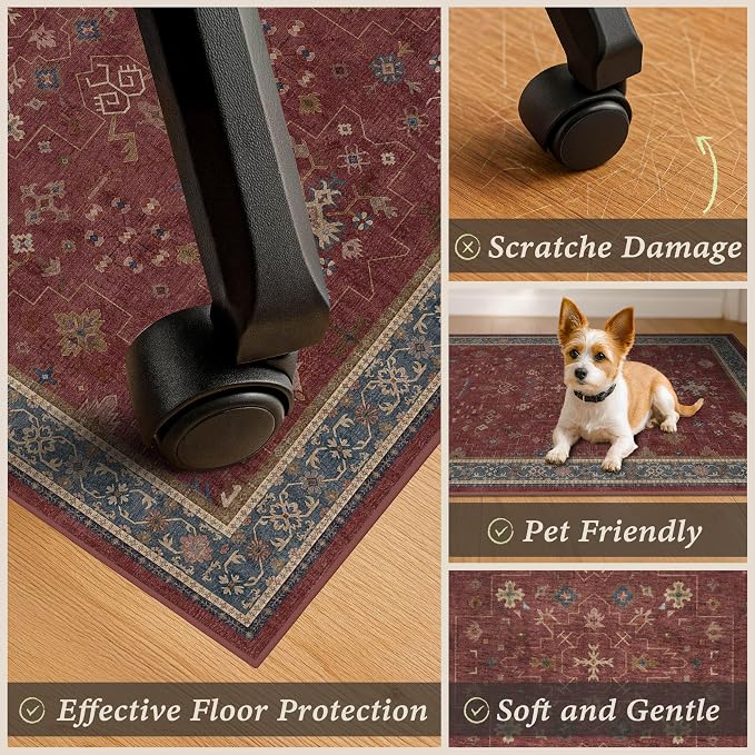 Turkish Boho Office Chair Mat for Hard Wood Floors, Burgundy Anti-Slip Floor Protector for Heavy Duty Computer Chair, 48"x60" Low Pile Under Desk Rug, Easy to Clean