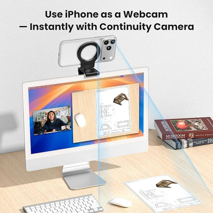 Itramax Continuity Camera Mount for iMac,360° Foldable Portable Desktop Monitor Screen iPhone Webcam Stand Holder for MagSafe iPhone 17 Pro Max Air 17e 16 15 14 13 12 Mini 11 XR XS,MacBook,Apple TV 4K