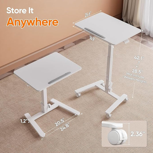 Monomi Mobile Folding Desk 25.6 Inch, Small Sit-Stand Height Adjustable Rolling Laptop Desk, Space-Saving Portable Desk with Wheels for Home Office Craft & Study, White