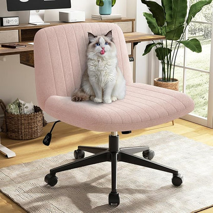 SUNLEI Cross Legged Office Chair with Wheels, Armless Wide Chair's for Vanity Desk, Criss Cross Comfy Chairs with Back, Desk Chair/s of Height Adjustable Swivel, Pink
