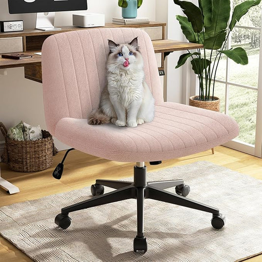 SUNLEI Cross Legged Office Chair with Wheels, Armless Wide Chair's for Vanity Desk, Criss Cross Comfy Chairs with Back, Desk Chair/s of Height Adjustable Swivel, Pink