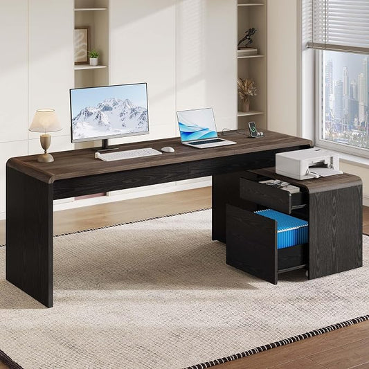 Mid-Century Modern 78" L-Shaped Executive Desk with Independent Mobile File Cabinet, Large Home Office Desk with Drawers and 4 AC + 2 USB Power Outlets, Waterfall Edge Design, Black