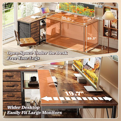 PRAISUN 53" L Shaped Desk with Power Outlets & USB-C Port, Reversible Computer Corner Office Desk with 4 Fabric Drawers and 2 Storage Shelves, Large Desk for Gaming Writing Work Study, Rustic Brown