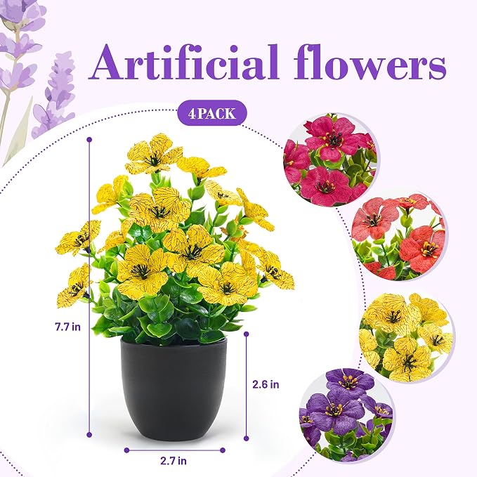 Der Rose 4 Pack Fake Plants Artificial Flowers with Fragrance Tablets for Black Bathroom Bedroom Office Desk Spring Decor