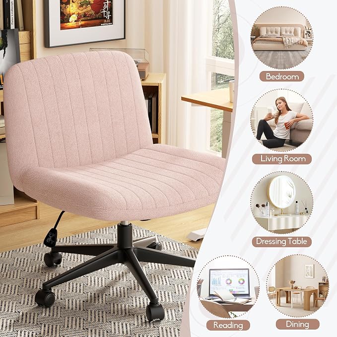 SUNLEI Cross Legged Office Chair with Wheels, Armless Wide Chair's for Vanity Desk, Criss Cross Comfy Chairs with Back, Desk Chair/s of Height Adjustable Swivel, Pink