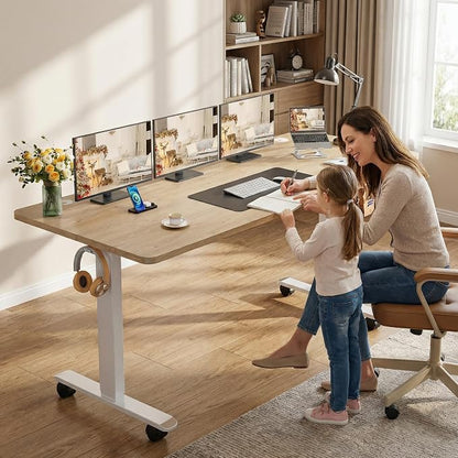 farexon Electric Standing Desk 63 x 24In with Power Outlets, Adjustable Height Stand up Desk with Large Mouse Pad, Double Hooks and 4 Wheels, 27''-46'' Lifting Range, Easy to Set for Home/Office(Oak)