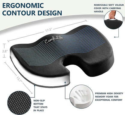 ComfiLife Premium Comfort Seat Cushion - Non-Slip Orthopedic 100% Memory Foam Coccyx Cushion for Tailbone Pain - Cushion for Office Chair Car Seat - Back Pain & Sciatica Relief (Black)