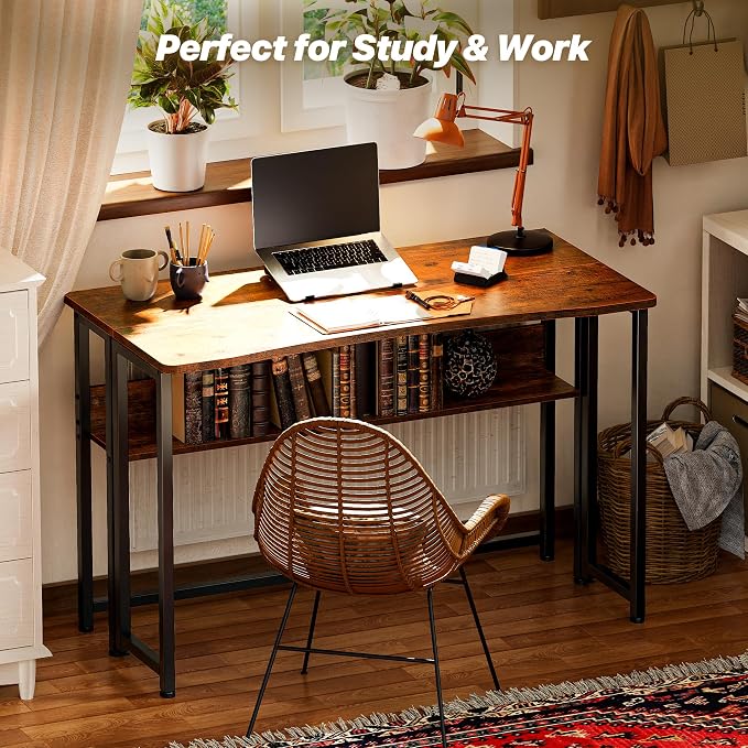 Huuger Folding Desk with Storage Shelf, 39.3 Inch Foldable Computer Table for Small Spaces, Space Saving Sofa Table for Couch, Writing Work Office Computer Desk, Easy to Fold, Rustic Brown