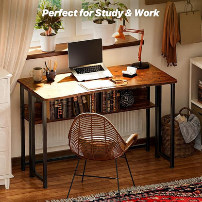 Huuger Folding Desk with Storage Shelf, 39.3 Inch Foldable Computer Table for Small Spaces, Space Saving Sofa Table for Couch, Writing Work Office Computer Desk, Easy to Fold, Rustic Brown