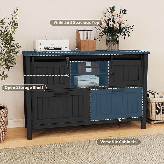 Farmhouse File Cabinet with Charging, Sliding Barn Doors & 2 Drawers, Cute Printer Stand with Open Shelf for Home Office, Remote Work, Black