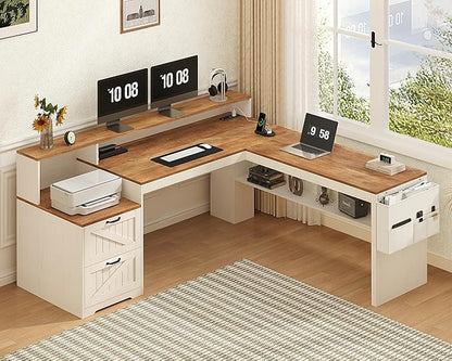 YOMILUVE Farmhouse 63" L Shaped Desk with Drawers, Home Office Desks with Storage Shelves and Printer Stand, Corner Computer Desk with Power Outlets and Monitor Stand, Brown and White