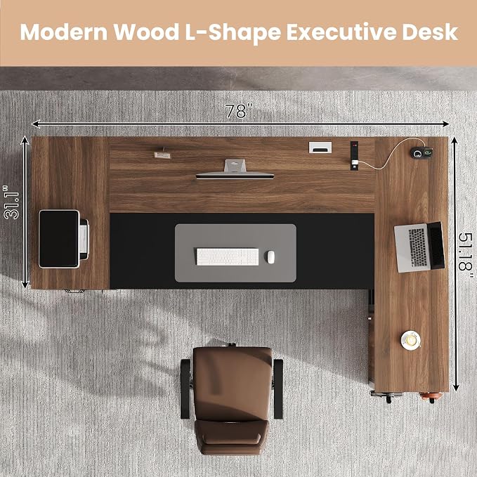 78" Executive Desk with Lockable File Cabinet, L Shaped Office Desk with Power Outlets, Large Executive Desk with Drawers and Storage Shelves , Reversible Computer Desk with Privacy Screen, Walnut