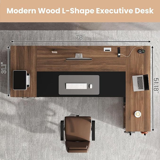 78" Executive Desk with Lockable File Cabinet, L Shaped Office Desk with Power Outlets, Large Executive Desk with Drawers and Storage Shelves , Reversible Computer Desk with Privacy Screen, Walnut