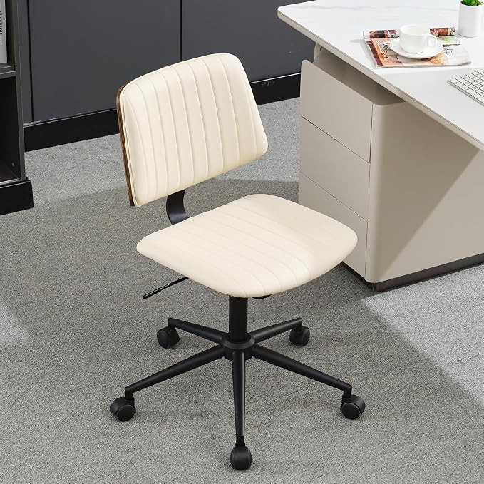 Home Office Desk Chair with Wheels,Modern Walnut Small Desk Chair,Armless Mid Back 360 Swivel Computer Chair,Adjustable Height No Arms PU Leather Chair for Office,Reading,Meeting Room (Beige)