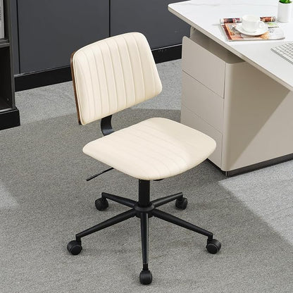 Home Office Desk Chair with Wheels,Modern Walnut Small Desk Chair,Armless Mid Back 360 Swivel Computer Chair,Adjustable Height No Arms PU Leather Chair for Office,Reading,Meeting Room (Beige)