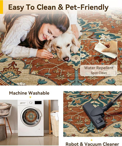 RELEANY Area Rugs Round 10ft Washable Non-Slip, Floral Vintage Distress Medallion Carpet for Living Room Bedroom Dining Room, Red Orange Blue Brown