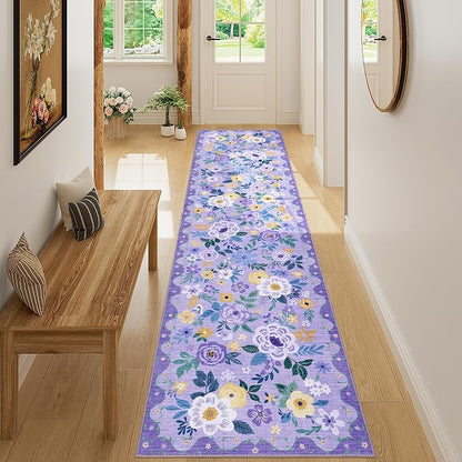 DUKINO 2x8 Runner Rug for Hallway, Washable Kitchen Runner Rug with Rubber Backing Non Slip, Low Pile Soft Boho Floral Thin Carpet for Entryway, Hallway, Bathroom, Laundry Room, Purple