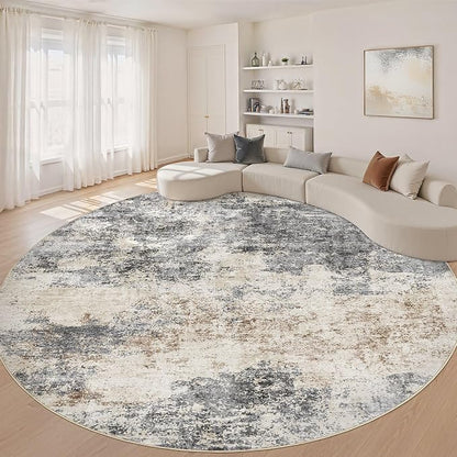 Round Rug Living Room Rugs: 10x10 Washable Circle Large Abstract Modern Soft Stain Resistant Non-Slip Indoor Floor Carpet for Bedroom Nursery Office Dining Room Dorm Home House- Grey Brown