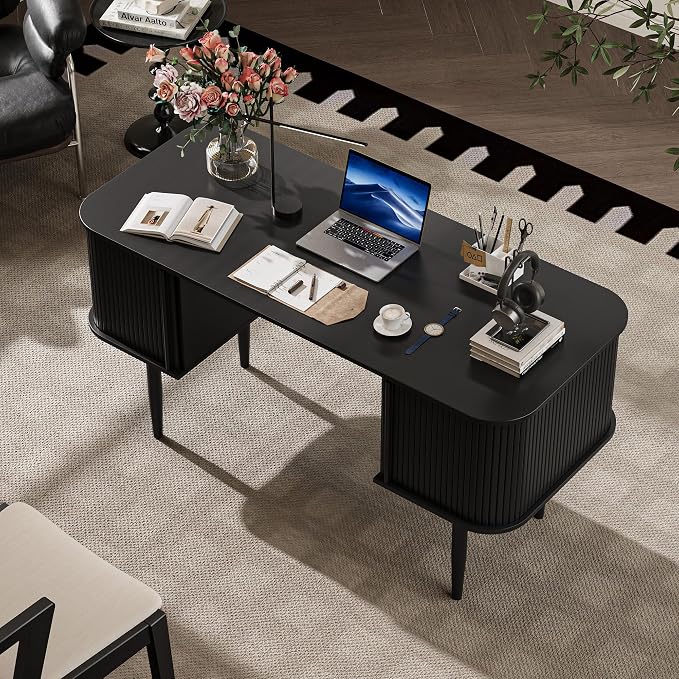 MAISONARIA 55" Modern Writing Desk with Storage, Wood Home Office Desk with Sliding Doors, Computer Desk for Home Office, Dorm, Living Room, Home Study Table, Black
