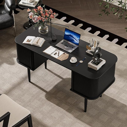 MAISONARIA 55" Modern Writing Desk with Storage, Wood Home Office Desk with Sliding Doors, Computer Desk for Home Office, Dorm, Living Room, Home Study Table, Black