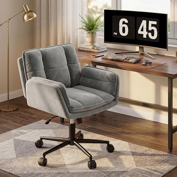 Criss Cross Chair with Wheels, Ergonomic Office Chair with Adjustable Armrests, Vanity Chair with Back for Bedroom, Makeup Room and Office Room, Grey
