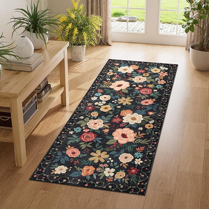 DUKINO 2x5 Runner Rug for Hallway, Washable Kitchen Floral Runner Rug with Non Slip Backing, Low Pile Soft Boho Carpet for Kitchen, Hallway, Entryway, Laundry, Bedroom, Black