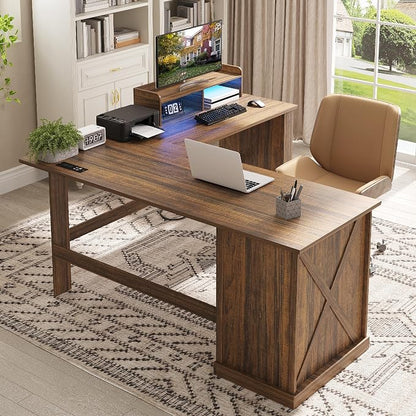 Lareth Executive L Shaped Desk with Monitor Stand, 59 inch Farmhouse Corner Computer Desk with Power Outlets & LED Lights, Home Office Desk with File Cabinet for Working Gaming Writing, Dark Walnut