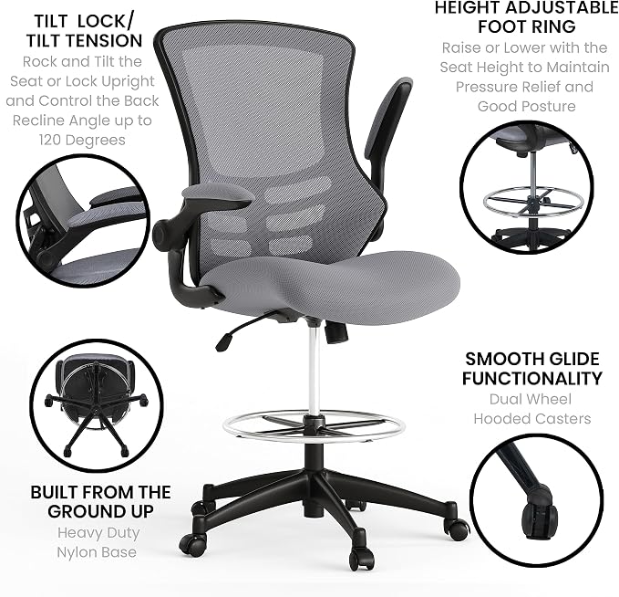 Flash Furniture Kelista Mid-Back Swivel Office Chair with Adjustable Seat Height, Ergonomic Mesh Desk Chair with Flip-Up Armrests, Dark Gray