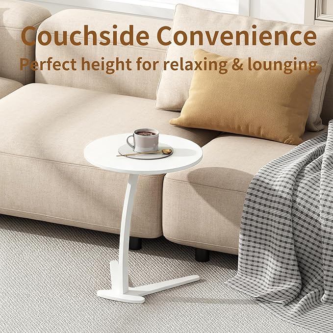 C Shaped End Table, Small Round Side Table for Couch, Slide Under Sofa Tray Desk for Living Room Bedroom, Solid Wood TV Tray Table for Narrow Space (15” White)