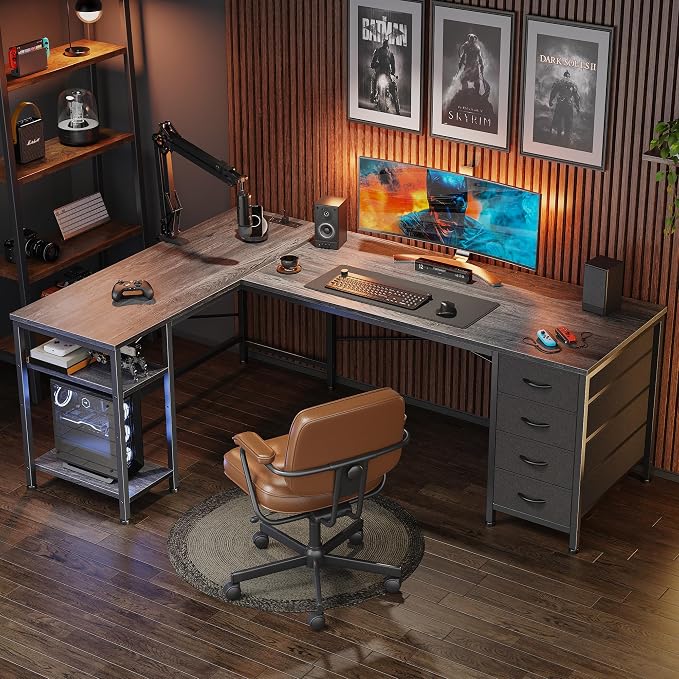 Huuger 55 Inch L Shaped Desk with Fabric Drawers, Reversible Computer Gaming Desk with Power Outlets and USB-C Port, Adjustable Side Storage Shelves, for Work Study Corner Home Office, Grey,1CD078H