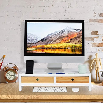 Relaxdays Bamboo PC Monitor Stand, Screen Riser with 2 Drawers & Compartments, Computer Workstation HWD 14 x 60 x 30 cm, White/Natural