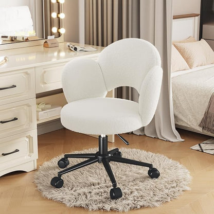 Homkdom Petal Vanity Chair with Wheels, 3.94" Thick Comfy Desk Chair, Swivel Armless Chair with Open Back and Adjustable Height, Ideal for Makeup Study Work and Relaxation, White