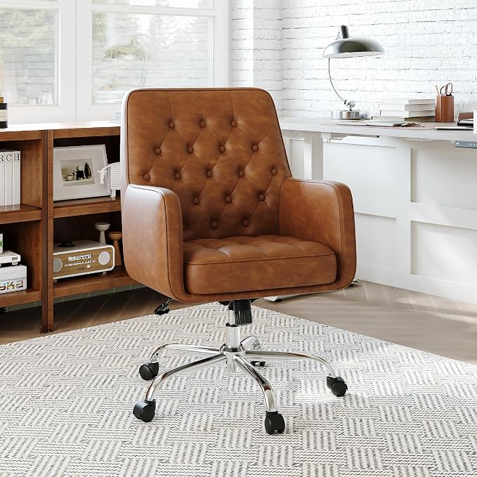 COLAMY Verso Home Desk Chair with Armrest, Leather Swivel Office Chair Adjustment Height with Wheels,Comfortable Padded Seat, Brown