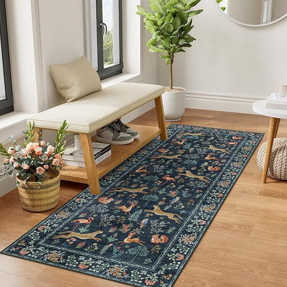 DUKINO 2x5 Rug for Hallway, Washable Kitchen Runner Rug with Non Slip Backing, Soft Low Pile Vintage Animal Runner for Bedroom, Kitchen, Hallway, Entryway, Laundry, Navy Blue