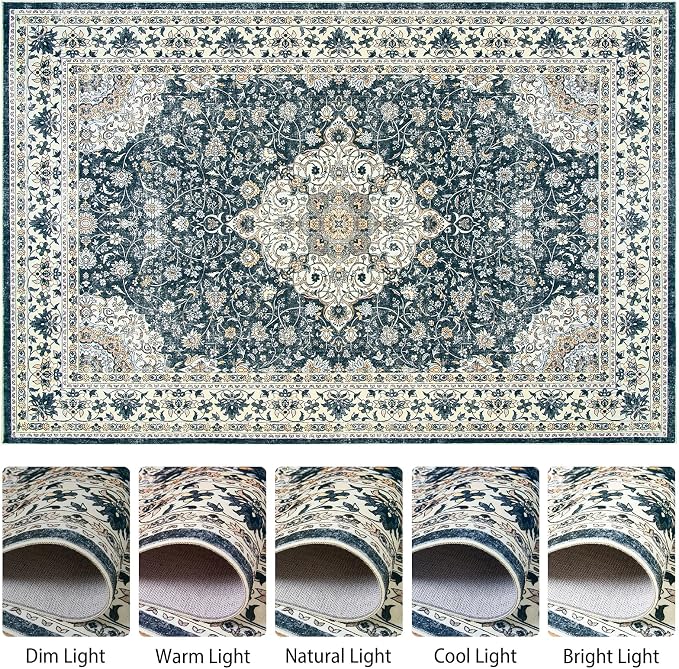 Goideal Washable Rug 3x5, Vintage Area Rugs Non Slip, Indoor Low Pile Carpet with Rubber Backing for Living Room Kitchen Bathroom Entryway Office Bedroom,Black & White