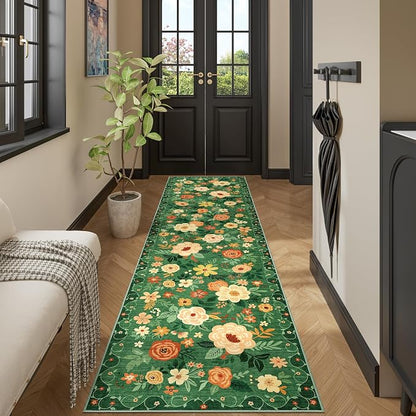 DUKINO Runner Rug for Hallway, 2.6x10 Washable Floral Long Kitchen Rug with Non Slip Backing, Lightweight & Stain Resistant Runners for Indoor Entrance, Laundry, Living Room, Bedroom, Dark Green