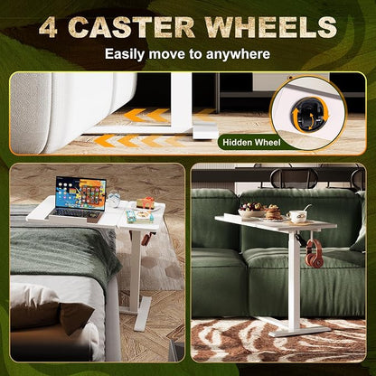Standing Desk, Medical Overbed Table with Rolling Tray, Dual Pneumatic Angle and Height Adjustable Desk, Portable Side Table with Hidden Wheels, Home & Hospital Use, White