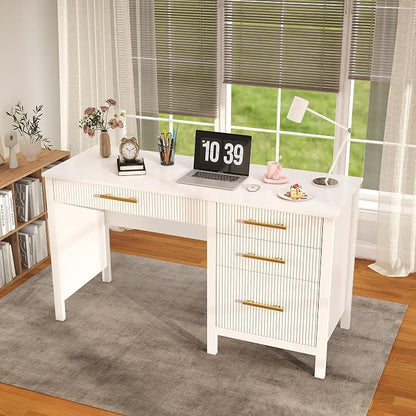 White Executive Desk with Drawers: 54" Wood Computer Desk with File Drawer, Modern Home Office Desks with Storage, Fluted Writing Desks for Working, Studying (White, 54")