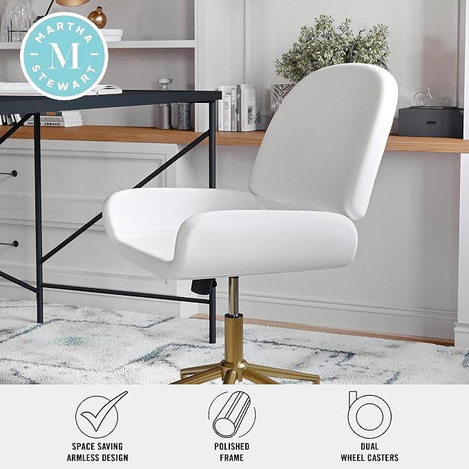 Martha Stewart Tyla Armless Swivel Task Chair for Home Office in White Faux Leather with Polished Brass Frame