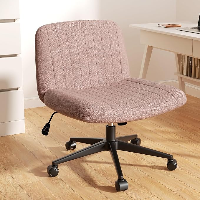 Criss Cross Chair with Wheels, Cross Legged Office Chair, Armless Office Chairs Adjustable Height Swivel Tilting Fabric Vanity Chairs for Home Bedroom (Pink)