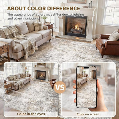 UERMEI Square Area Rugs : Washable 10x10 Neutral Modern Abstract Carpet for Living Room Bedroom - Soft Floor Mat with Non Slip Backing for Kitchen Nursery Dorms Farmhouse Home Decor - Brown Grey