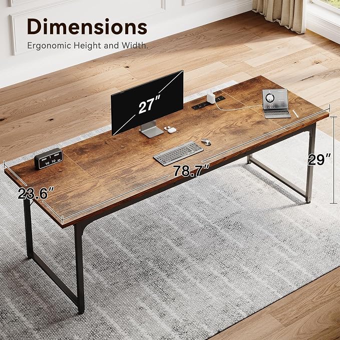 Coleshome 79 Inch Large Computer Desk with Power Outlet, Extra Long Desk for Home Office & Gaming, Spacious Writing Table for Study and Crafting, Rustic Brown